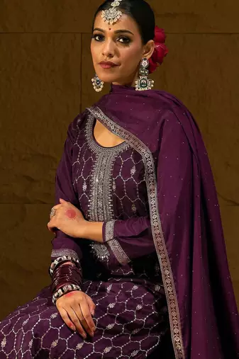 Burgundy Geometric Embroidered Jacquard Weave Kurta with Trousers & Dupatta