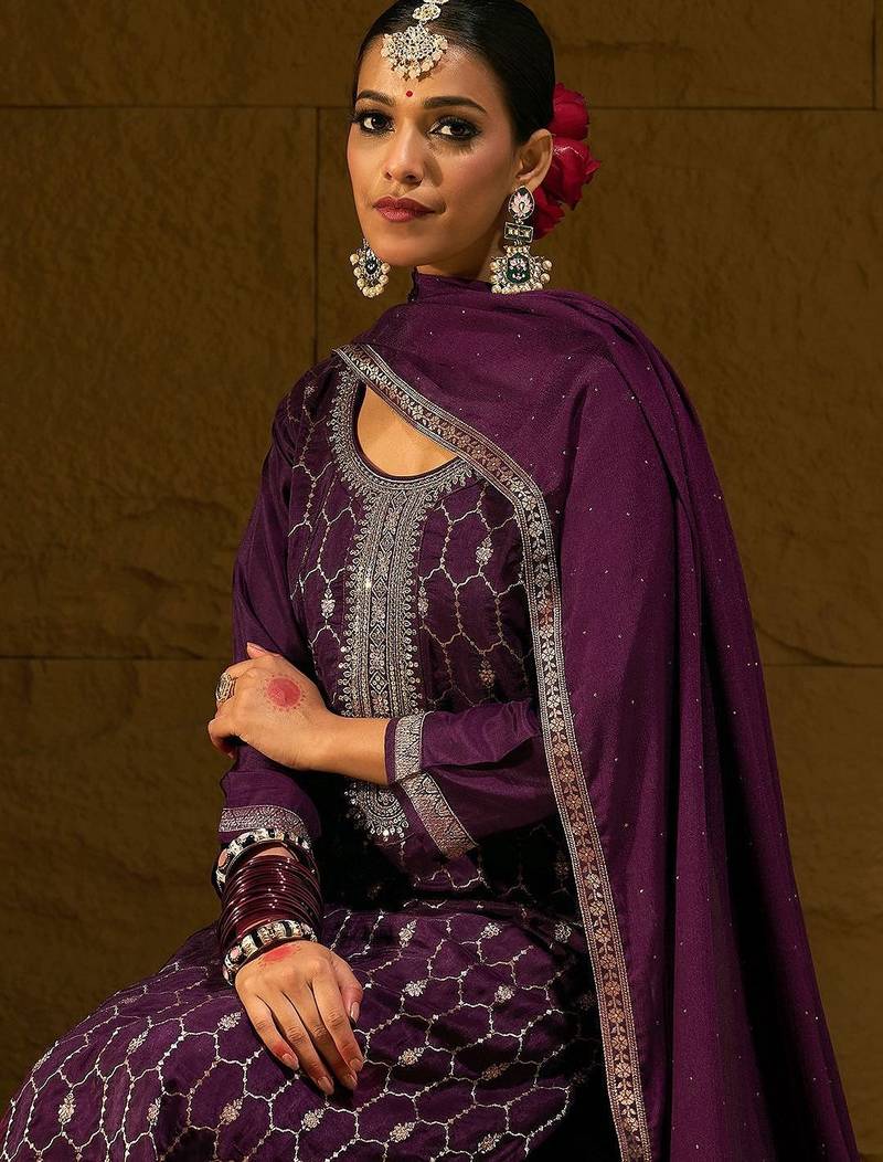 Burgundy Geometric Embroidered Jacquard Weave Kurta with Trousers & Dupatta