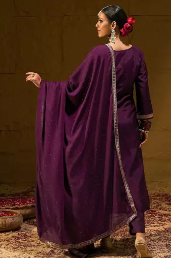 Burgundy Geometric Embroidered Jacquard Weave Kurta with Trousers & Dupatta