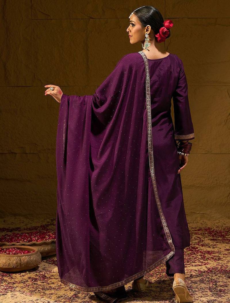 Burgundy Geometric Embroidered Jacquard Weave Kurta with Trousers & Dupatta