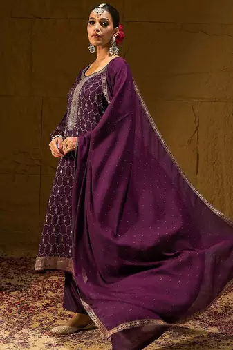 Burgundy Geometric Embroidered Jacquard Weave Kurta with Trousers & Dupatta