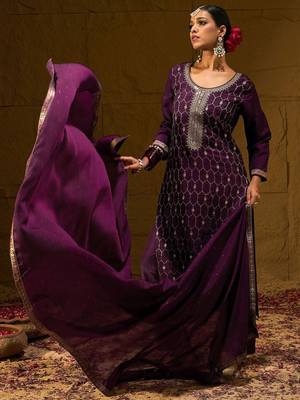 Burgundy Geometric Embroidered Jacquard Weave Kurta with Trousers & Dupatta 5