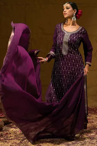 Burgundy Geometric Embroidered Jacquard Weave Kurta with Trousers & Dupatta