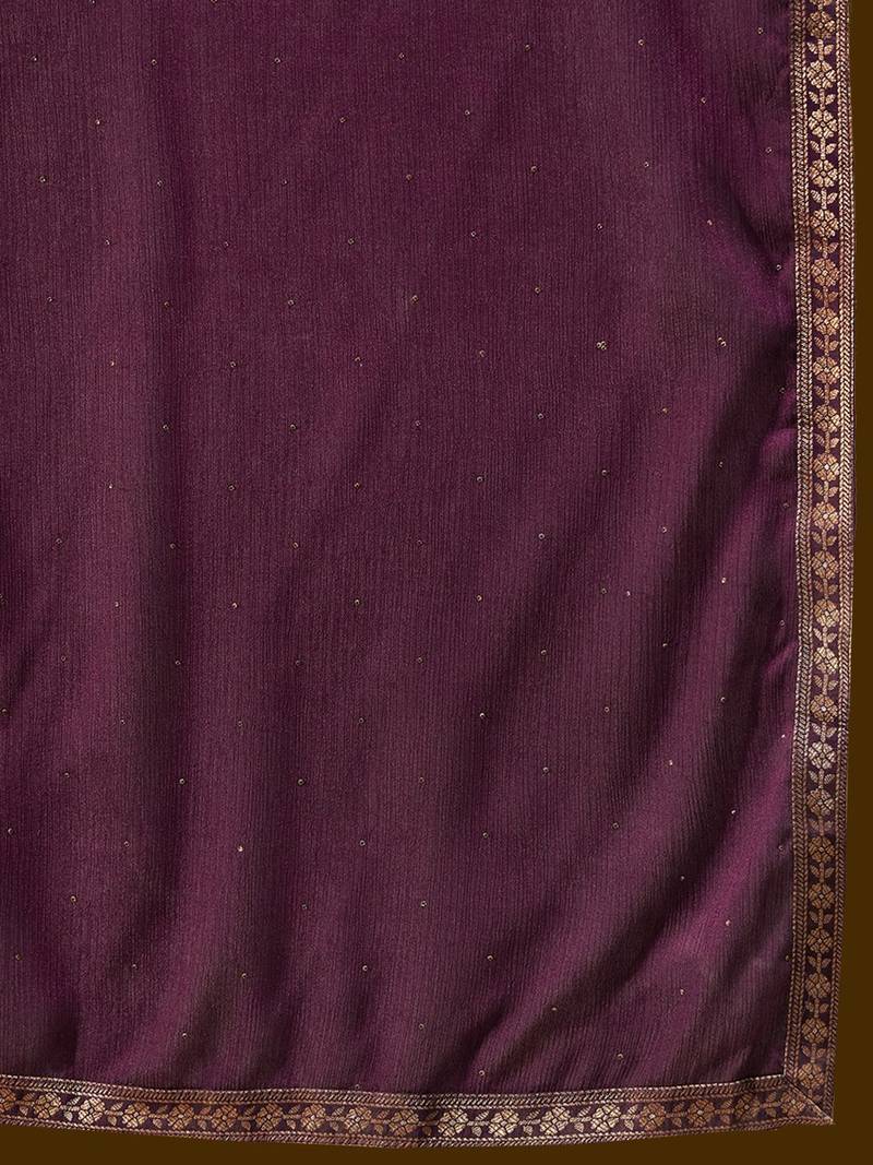 Burgundy Geometric Embroidered Jacquard Weave Kurta with Trousers & Dupatta