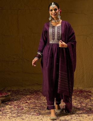 Burgundy Floral Embroidered Sequinned Dobby Weave Kurta with Trousers & Dupatta 1