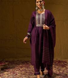 Burgundy Floral Embroidered Sequinned Dobby Weave Kurta with Trousers & Dupatta