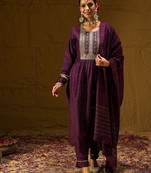 Burgundy Floral Embroidered Sequinned Dobby Weave Kurta with Trousers & Dupatta