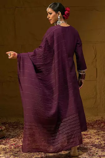 Burgundy Floral Embroidered Sequinned Dobby Weave Kurta with Trousers & Dupatta