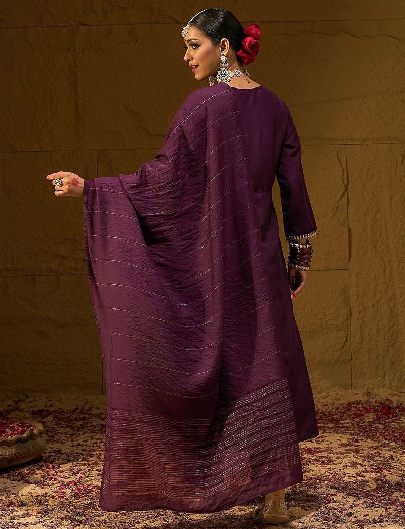 Burgundy Floral Embroidered Sequinned Dobby Weave Kurta with Trousers & Dupatta