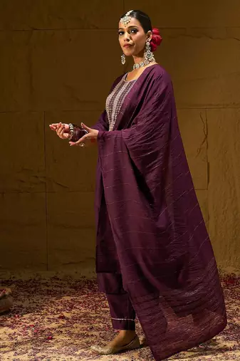 Burgundy Floral Embroidered Sequinned Dobby Weave Kurta with Trousers & Dupatta