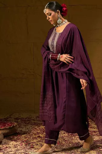 Burgundy Floral Embroidered Sequinned Dobby Weave Kurta with Trousers & Dupatta