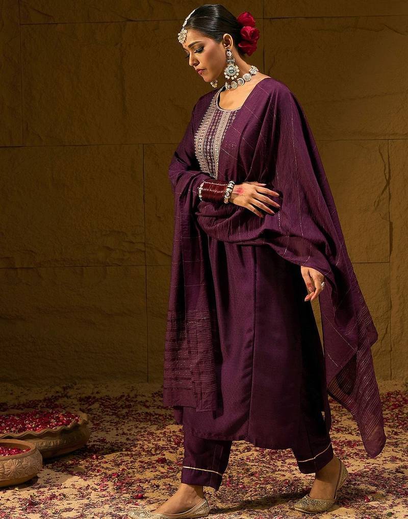 Burgundy Floral Embroidered Sequinned Dobby Weave Kurta with Trousers & Dupatta