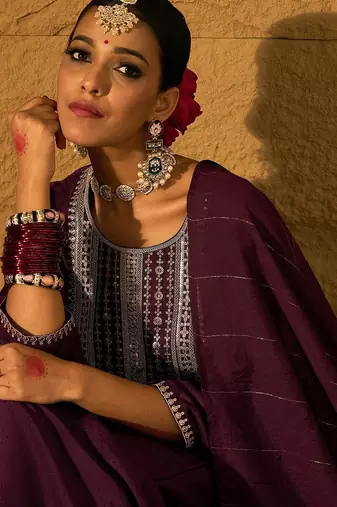 Burgundy Floral Embroidered Sequinned Dobby Weave Kurta with Trousers & Dupatta