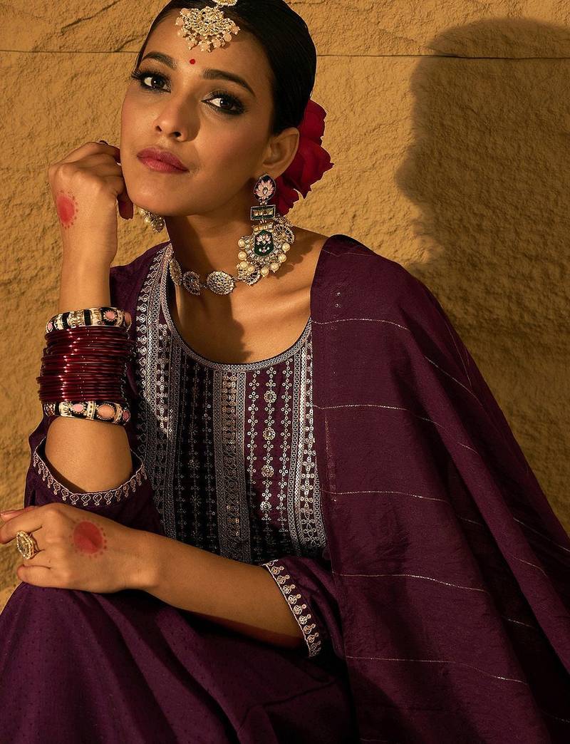 Burgundy Floral Embroidered Sequinned Dobby Weave Kurta with Trousers & Dupatta