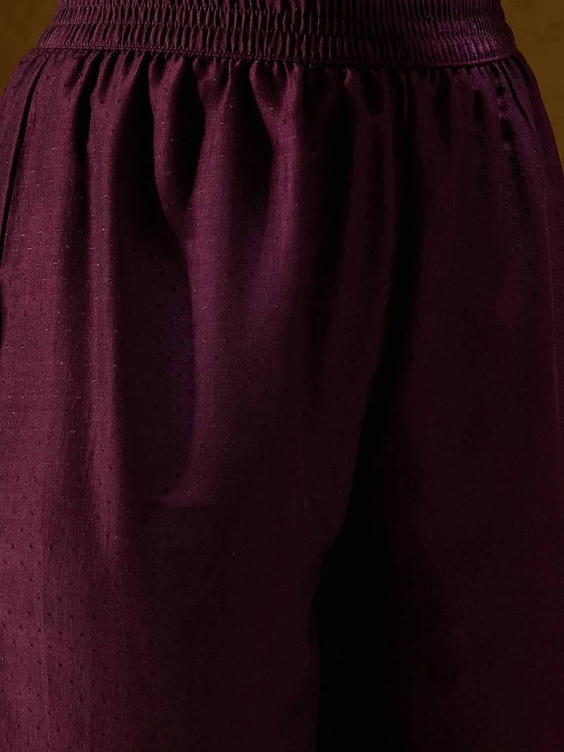 Burgundy Floral Embroidered Sequinned Dobby Weave Kurta with Trousers & Dupatta