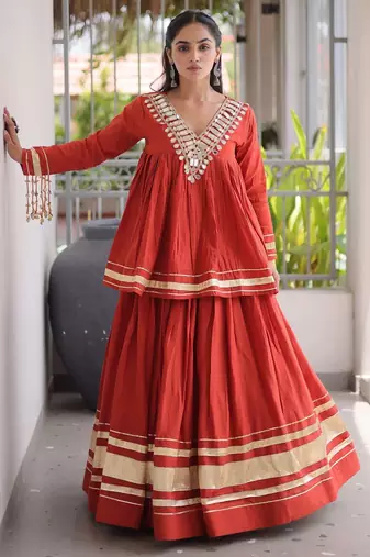 Rust Kora Cotton Chaniya Choli (Free Size Stitched)