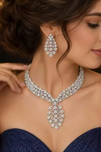 Cubic Zirconia Bridal Necklace and Earrings Set, Crystal Statement Wedding Jewelry