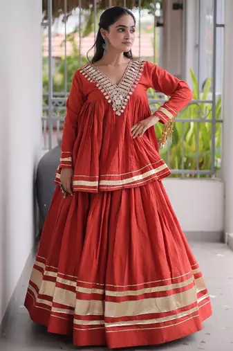 Rust Kora Cotton Chaniya Choli (Free Size Stitched)