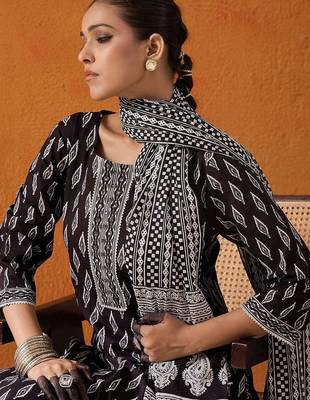 Geometric Printed Mirror Work Pure Cotton Straight Kurta With Palazzos & Dupatta 2