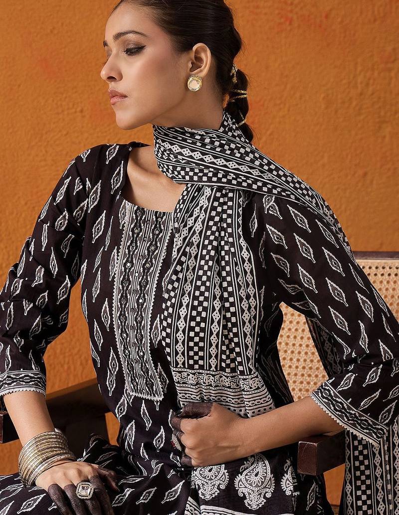 Geometric Printed Mirror Work Pure Cotton Straight Kurta With Palazzos & Dupatta