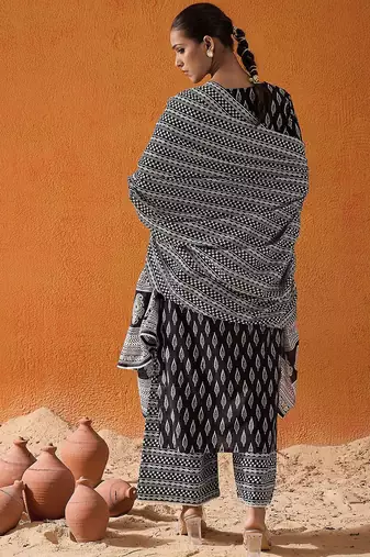 Geometric Printed Mirror Work Pure Cotton Straight Kurta With Palazzos & Dupatta