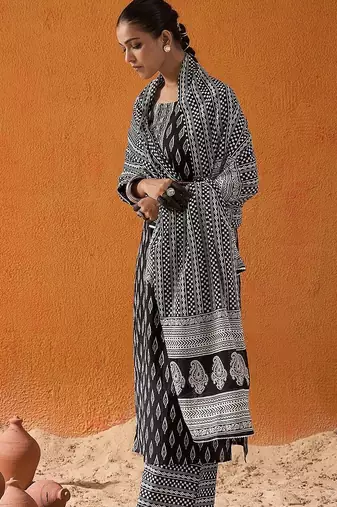 Geometric Printed Mirror Work Pure Cotton Straight Kurta With Palazzos & Dupatta