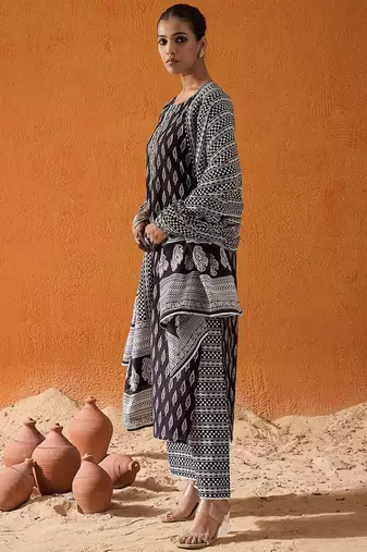 Geometric Printed Mirror Work Pure Cotton Straight Kurta With Palazzos & Dupatta