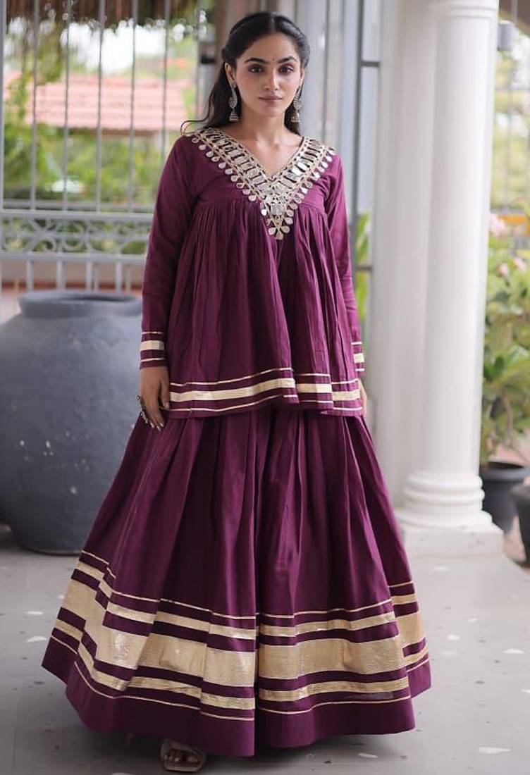 Wine Kora Cotton Chaniya Choli - Free Size 