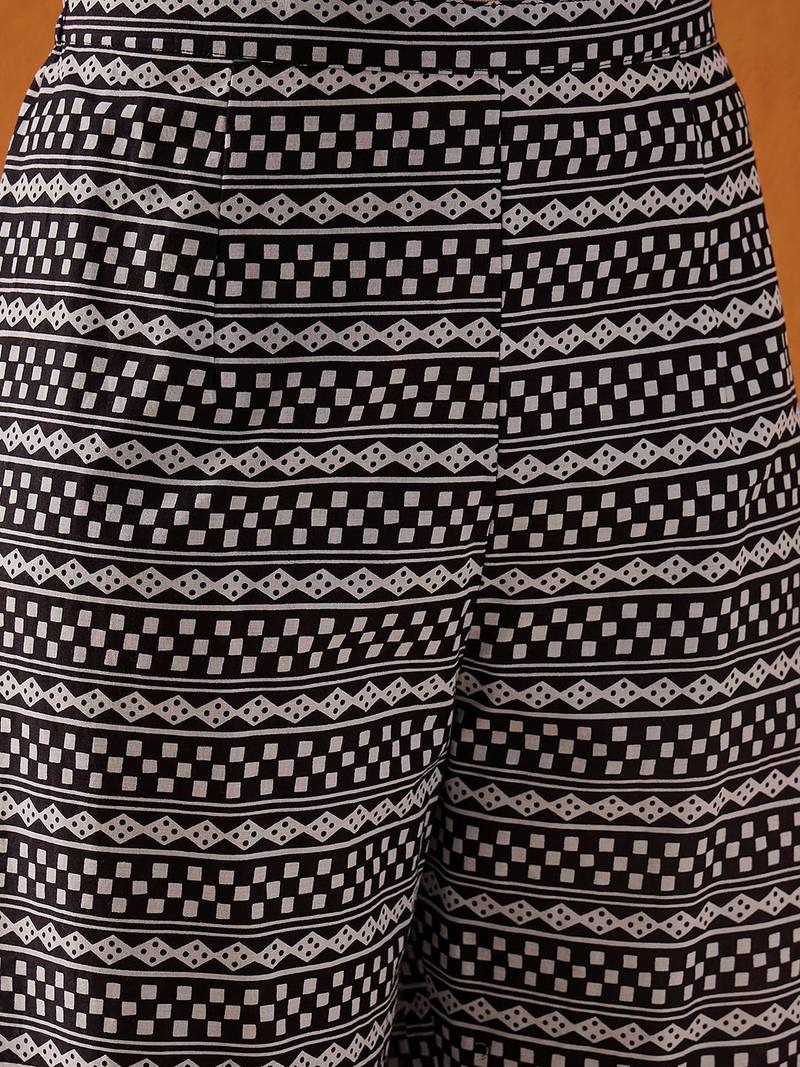 Geometric Printed Mirror Work Pure Cotton Straight Kurta With Palazzos & Dupatta
