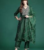 Floral Embroidered Zari Pleated Liva Kurta With Trousers & Dupatta