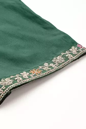 Floral Embroidered Zari Pleated Liva Kurta With Trousers & Dupatta