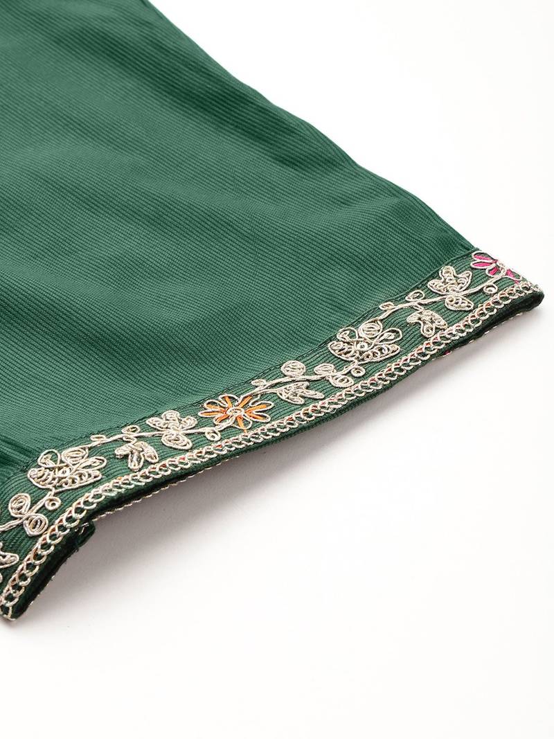Floral Embroidered Zari Pleated Liva Kurta With Trousers & Dupatta