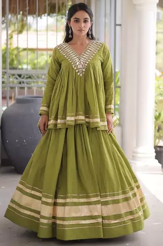 Green Kora Cotton Chaniya Choli - Free Size 