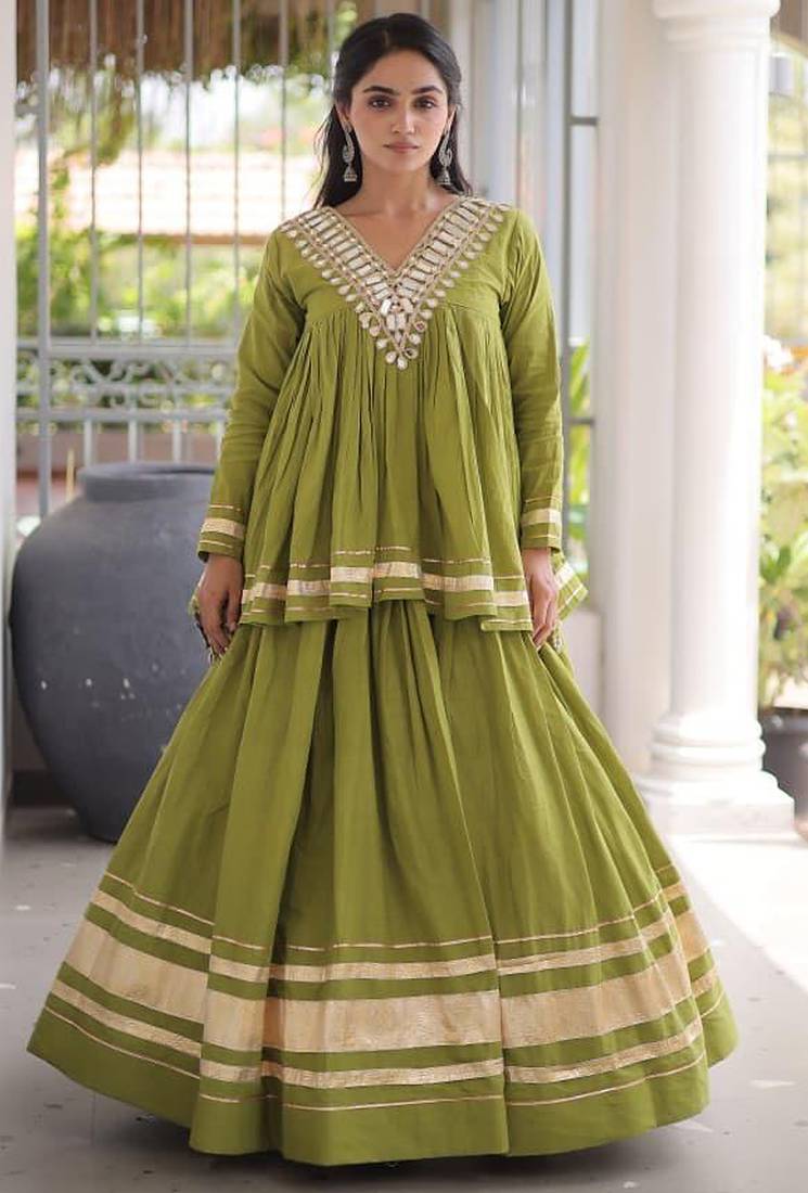 Green Kora Cotton Chaniya Choli - Free Size 