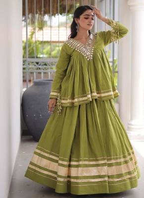 Green Kora Cotton Chaniya Choli - Free Size  2