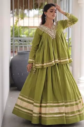 Green Kora Cotton Chaniya Choli - Free Size 