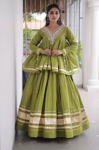 Green Kora Cotton Chaniya Choli - Free Size 