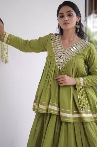 Green Kora Cotton Chaniya Choli - Free Size 
