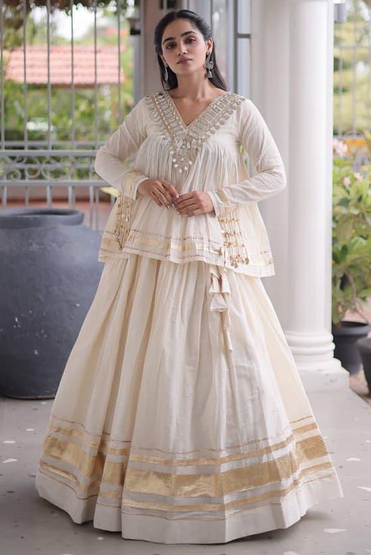 Off White Kora Cotton Chaniya Choli - Free Size 