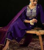 Round Neck Ethnic Motifs Embroidered Sequinned Kurta with Trouser & Dupatta