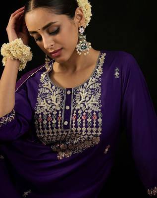 Round Neck Ethnic Motifs Embroidered Sequinned Kurta with Trouser & Dupatta 3