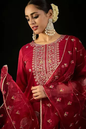 Round Neck Floral Embroidered Straight Kurta with Trouser & Dupatta