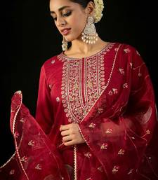 Round Neck Floral Embroidered Straight Kurta with Trouser & Dupatta