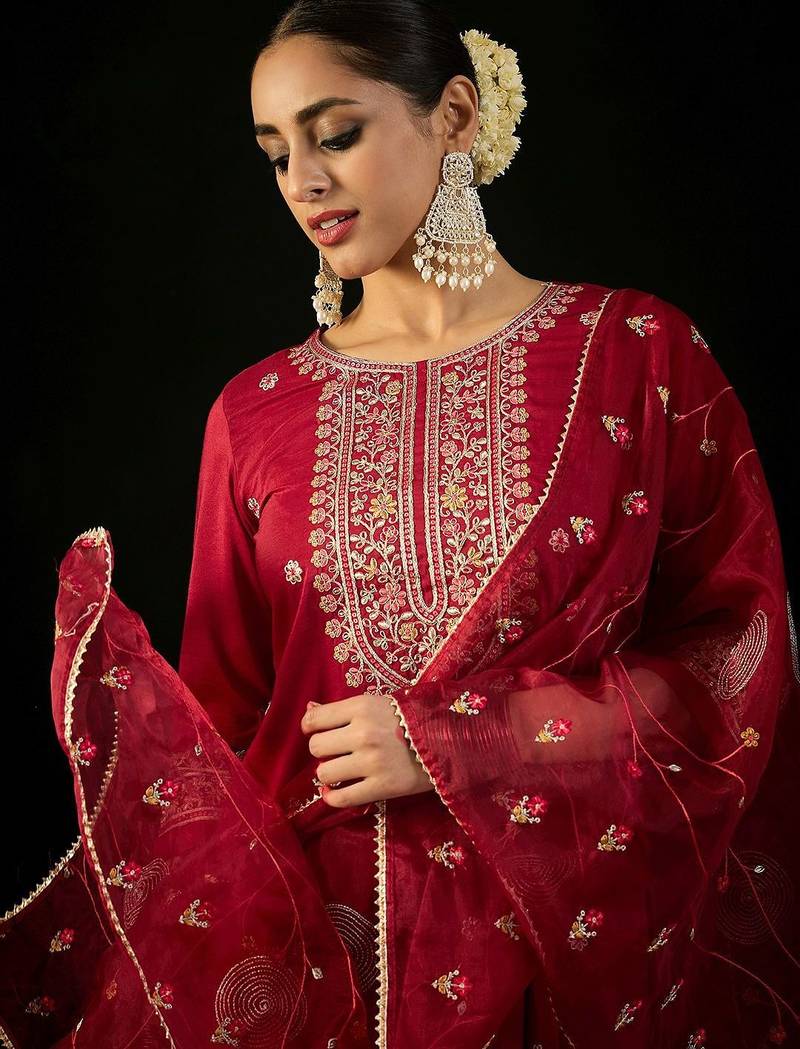 Round Neck Floral Embroidered Straight Kurta with Trouser & Dupatta