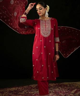 Round Neck Floral Embroidered Straight Kurta with Trouser & Dupatta 1