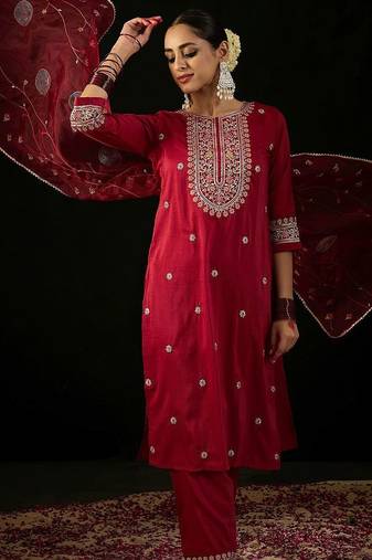 Round Neck Floral Embroidered Straight Kurta with Trouser & Dupatta