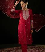 Round Neck Floral Embroidered Straight Kurta with Trouser & Dupatta