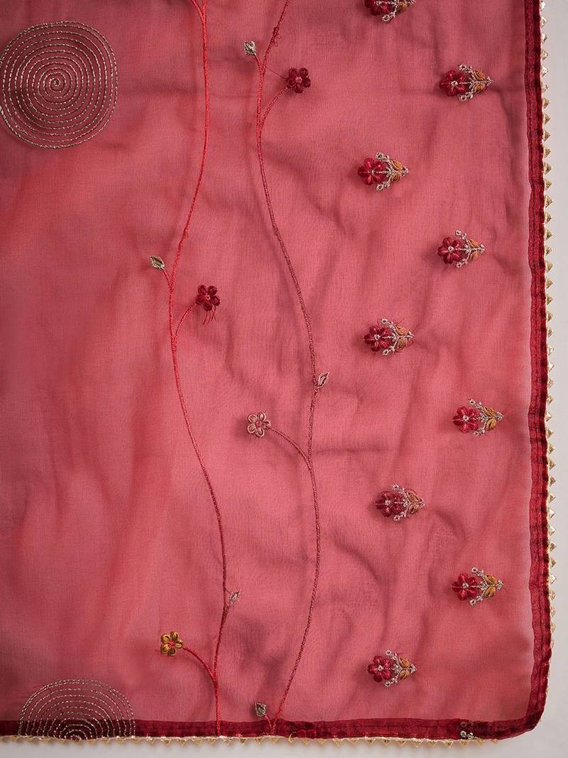 Round Neck Floral Embroidered Straight Kurta with Trouser & Dupatta