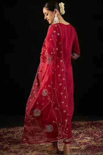 Round Neck Floral Embroidered Straight Kurta with Trouser & Dupatta