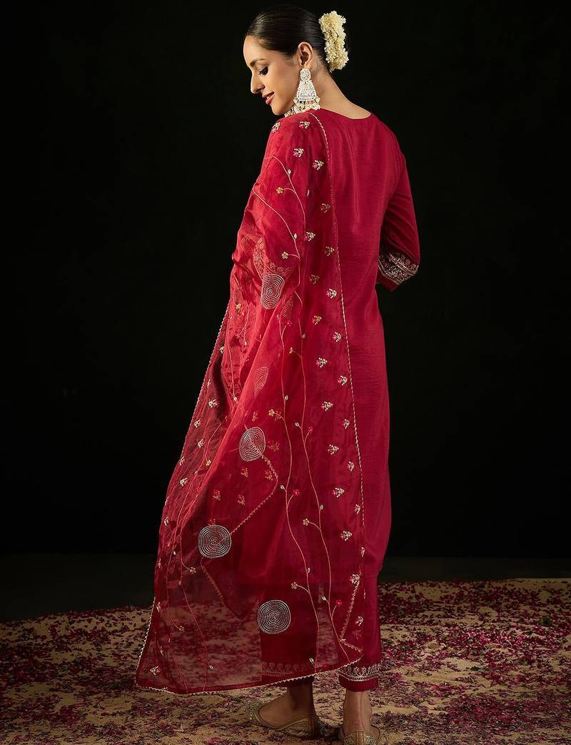 Round Neck Floral Embroidered Straight Kurta with Trouser & Dupatta
